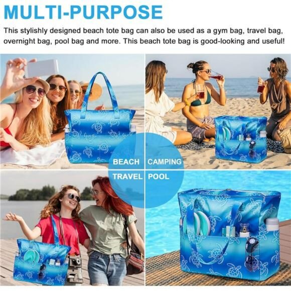 Waterproof Extra Large Beach Tote Bag with Wet Compartment Travel Gym Pool - Picture 5 of 7